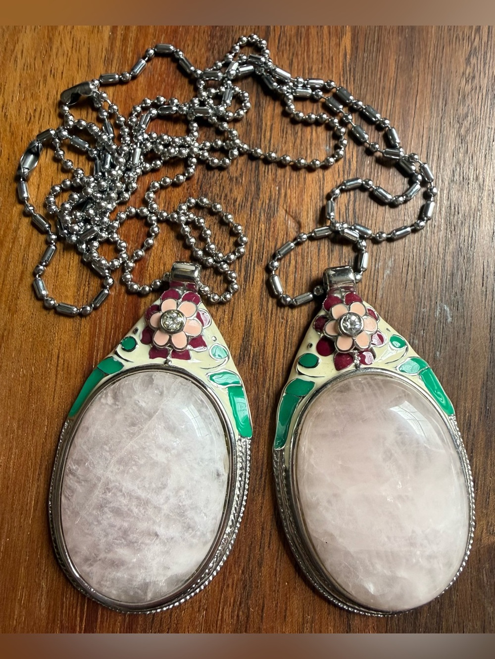 Large Rose Quartz Pendant Necklace Pink Flower Enamel Accents Floral Ball Chain